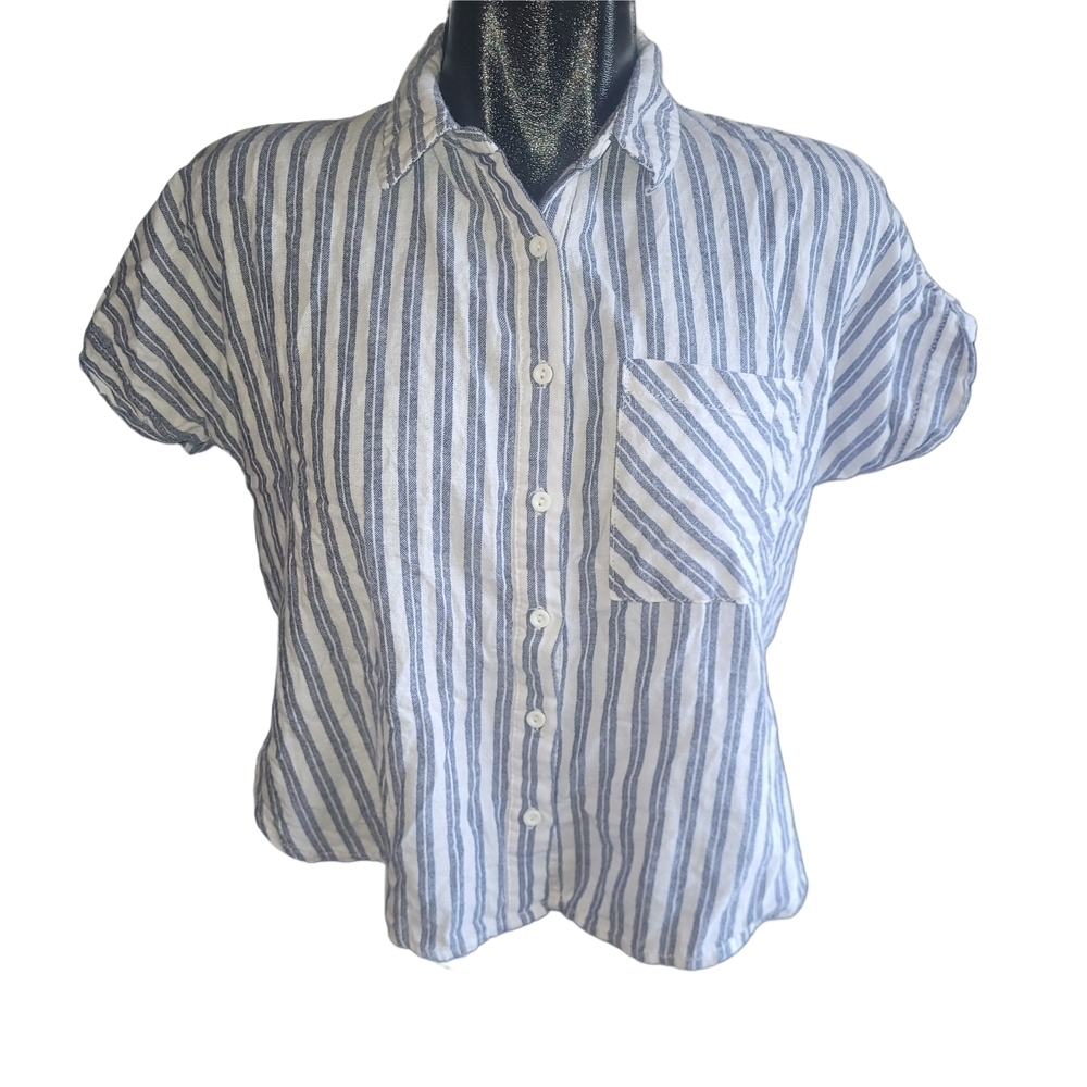 Favlux Blue And White Striped High Low Shirt Size M